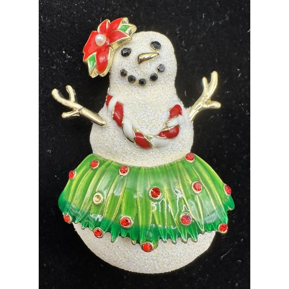 Vintage Christmas Snowman Brooch Enamel Glitter Skirt Candy Cane Holiday Pin
